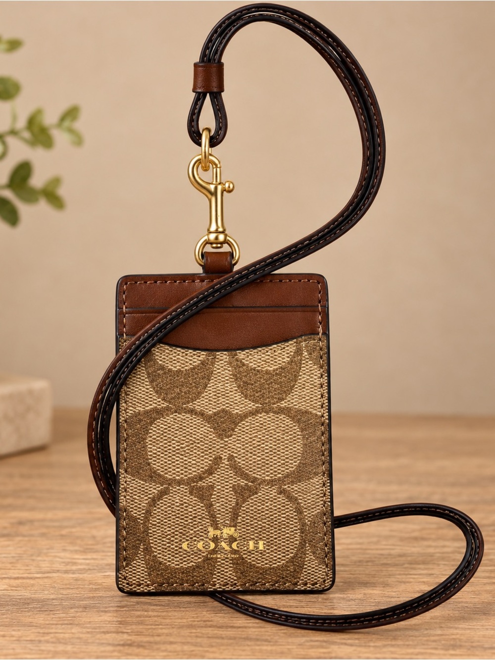 NWT Coach Brown/Tan Signature Card Holder with Lanyard
